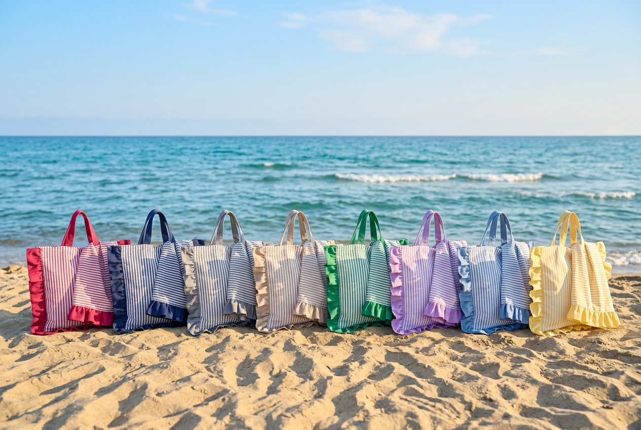 Set borsa e telo mare con frill in 8 colori sulla spiaggia