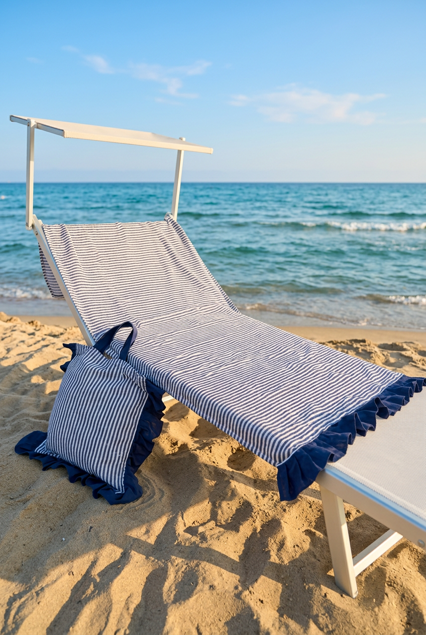 Sdraio con telo mare e borsa coordinati sul mare